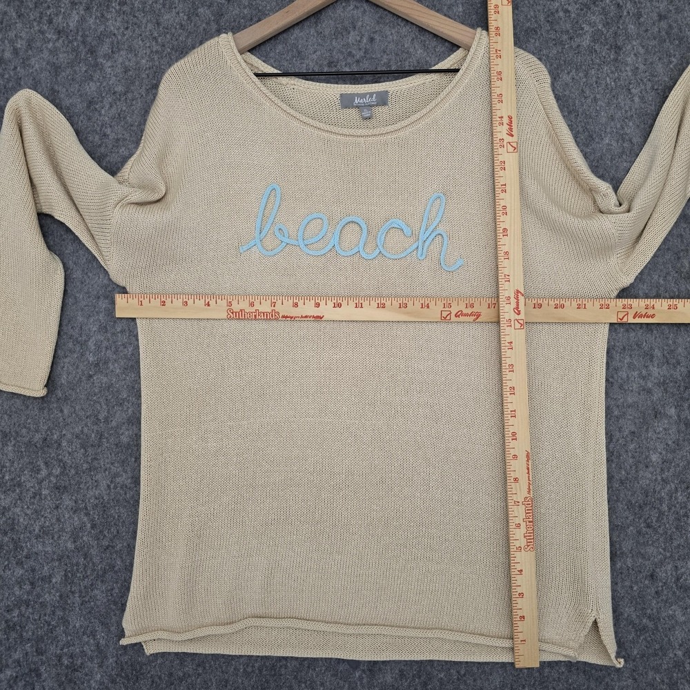 Marled Reunited Sweater Womens XL Beige Beach Spellout Open Knit Scoop Pullover - Picture 6 of 9